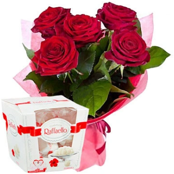 5 sarkanas rozes un Raffaello 150g