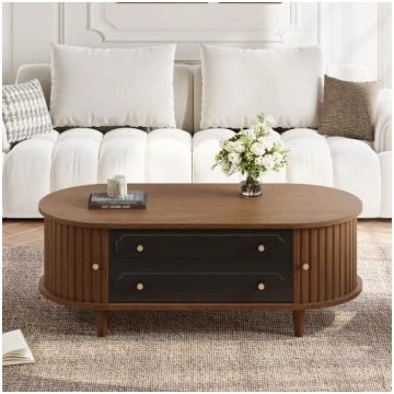 Merax Living Room Coffee Table - Walnut Wood + Bla
