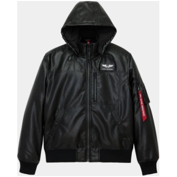 FAUX LEATHER HOODED RIB FLIGHT JACKET - BLACK / S