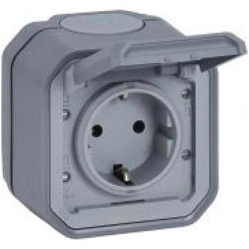 NEW PLEXO IP55 pelēka virsapmetuma 2P+E rozete ar 