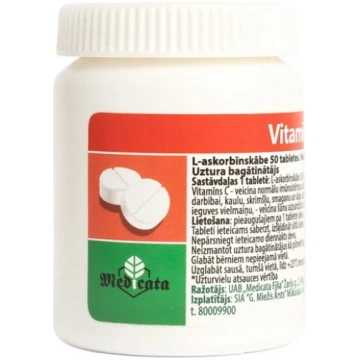 Askorbīnskābe (C vitamīns) 500 mg, 50 tabletes