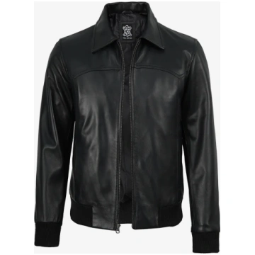 Mens Shirt Collar Black Bomber Leather Jacket Decr