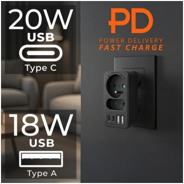 Maclean current socket x2 + 4xUSB, splitter with 2