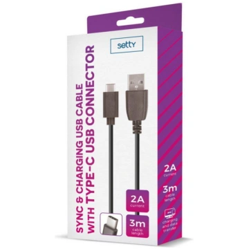 Kabelis Setty Universal USB Cable 3m 2A type-C Bla