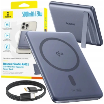 Baseus PicoGo AM31 Qi2 5000 mAh 20 W pelēkā krāsā