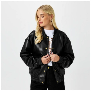 Women's Faux Leather Long Sleeve Bomber Jacke