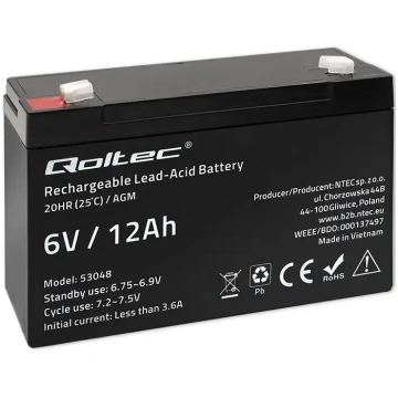 Qoltec AGM battery | 6V | 12Ah | Maintenance-free 