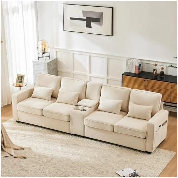 Modern 4 Seater Linen Fabric Sofa with Console, 2 