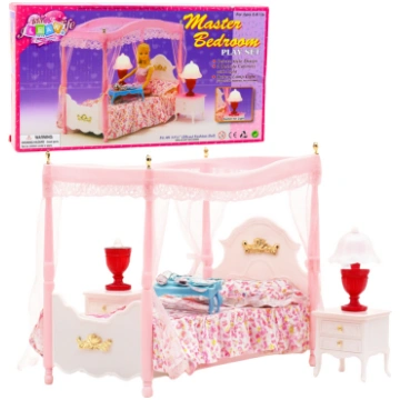 Doll Furniture Set: Canopy Bed, Nightstands, Lamps