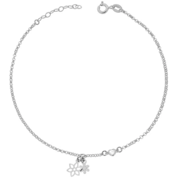 Anklet Rolo Diamond Cut Chain with Heart and Flowe