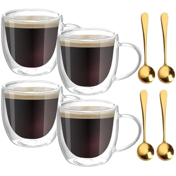4 Latte Macchiato glāzes, espresso krūzes, dubultā