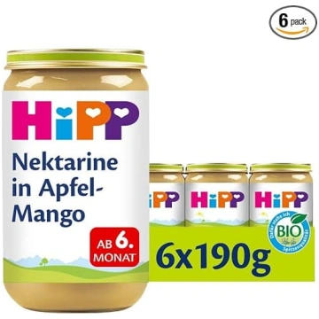 HiPP bioloģiskās nektarīnu un ābolu-mango kompotē 