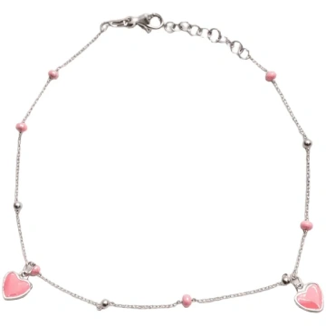 925 Sterling Silver Anklet with Pink Enamel Heart 