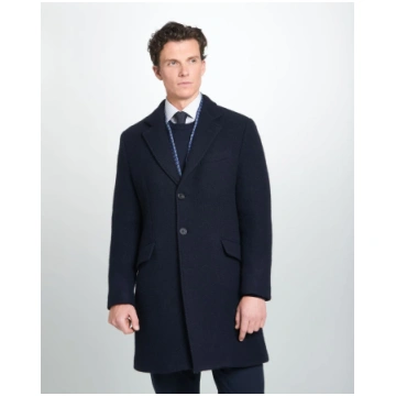 Navy Blue British Wool Herringbone Notch Lapel Ove