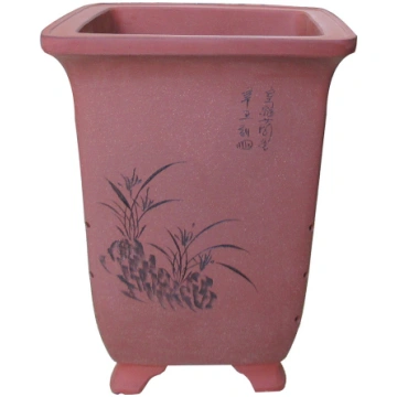 12" Brown and Red Unglazed Etched Cascade Pot with