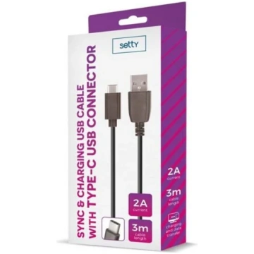 Setty USB kabelis 3m 2A type-C melns