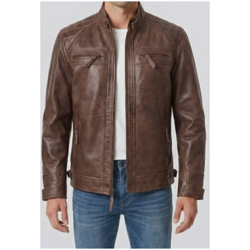 Men Chocolate Brown Cafe Racer Real Leather Jacket