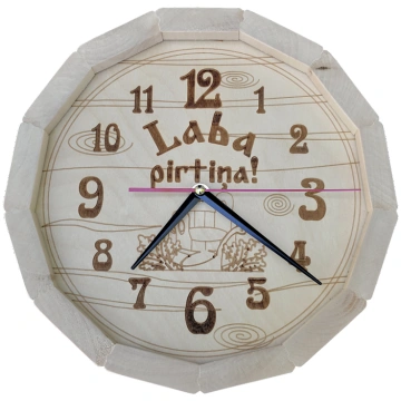 Koka pirts pulkstenis (liepa) ar uzrakstu "Laba pi