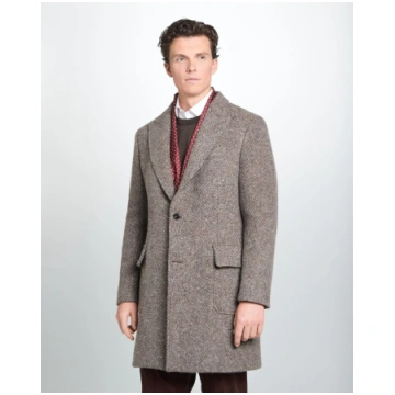 Brown British Wool Herringbone Peak Lapel Overcoat