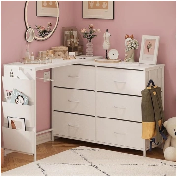 Corner Dressing Table L-Shape White with 6 Drawers