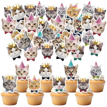 48 gab. ēdamie kaķu cupcake rotājumi, kaķu dzimšan