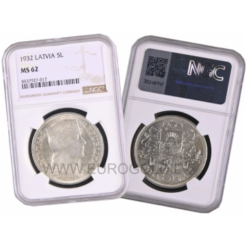 Latvia 5 Lati 1932 - NGC MS 62