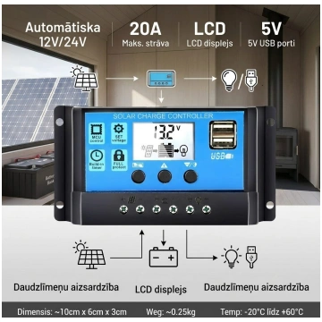 12V/24V 20A Saules Paneļu Uzlādes Kontrolieris ar