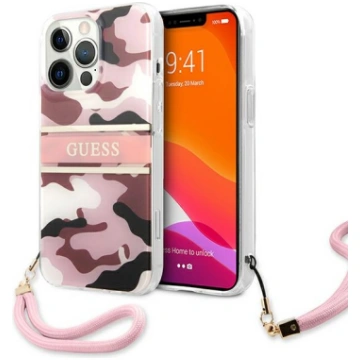 Guess iPhone 13 vāciņš Camouflage Strap Rozā - har