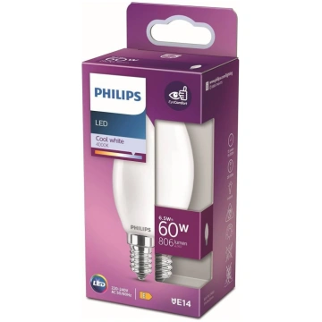PHILIPS LED stikla 60W E14 Auksti balta 4000K B35 