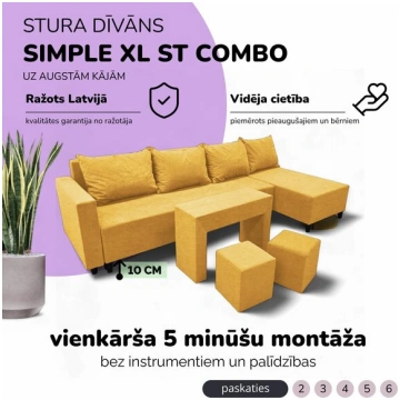 Liels stūra dīvāns ar galdiņu un pufiem Simple XL 