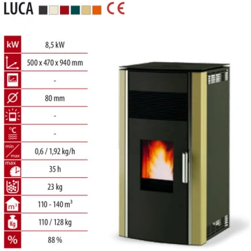 Granulu Kamīns ALFA PLAM LUCA Jauda 8.5 kW Izmērs 