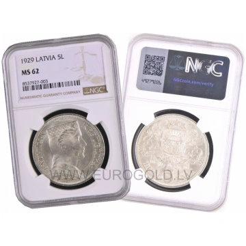 Latvia 5 Lati 1929 - NGC MS 62