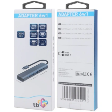 Adapter HUB USB-C 6in1 – HDMI, 3xUSB, PD, RJ-45 TB