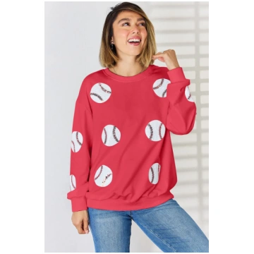 Sequin Baseball Round Neck Dropped Shoulder Sweats
