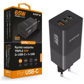 ALIGATOR lādētājs PD65W ar 2× USB-C un 1× USB-A