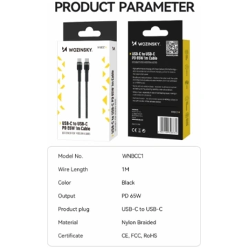 WOZINSKY WNBCC1 USB-C | USB-C PD 65W cable 1 m - b