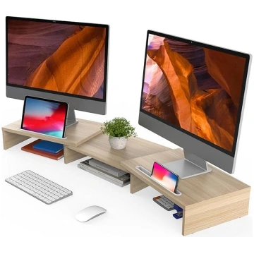 FITUEYES Dual Monitor Stand Wood Rotatable Length