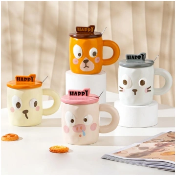 Sleek Home Use Set of Ceramic Cups with Lid Spoon 