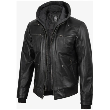 Mens Black Bomber Leather Jacket with Removable Ho