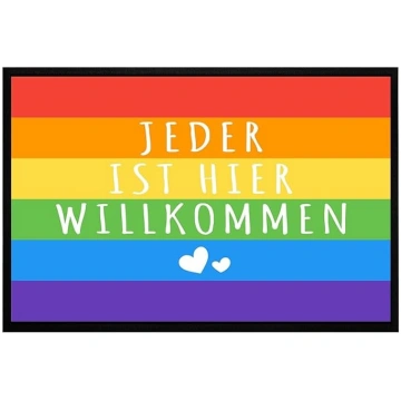OM3 Varavīksnes paklājs ar uzrakstu "Jeder ist Hie