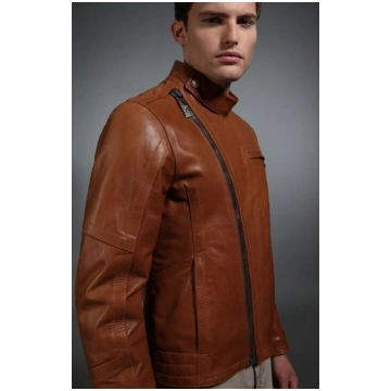 Brown Men's fitted leather biker jacket