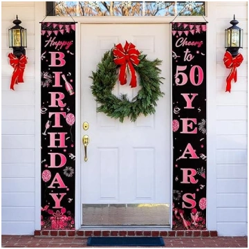 Rozā Happy Birthday Door Couplet Banner, Zelta dzi