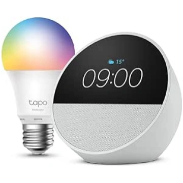 Echo Spot | Weiß + Tapo L530EA (E27) Lampe, kompat